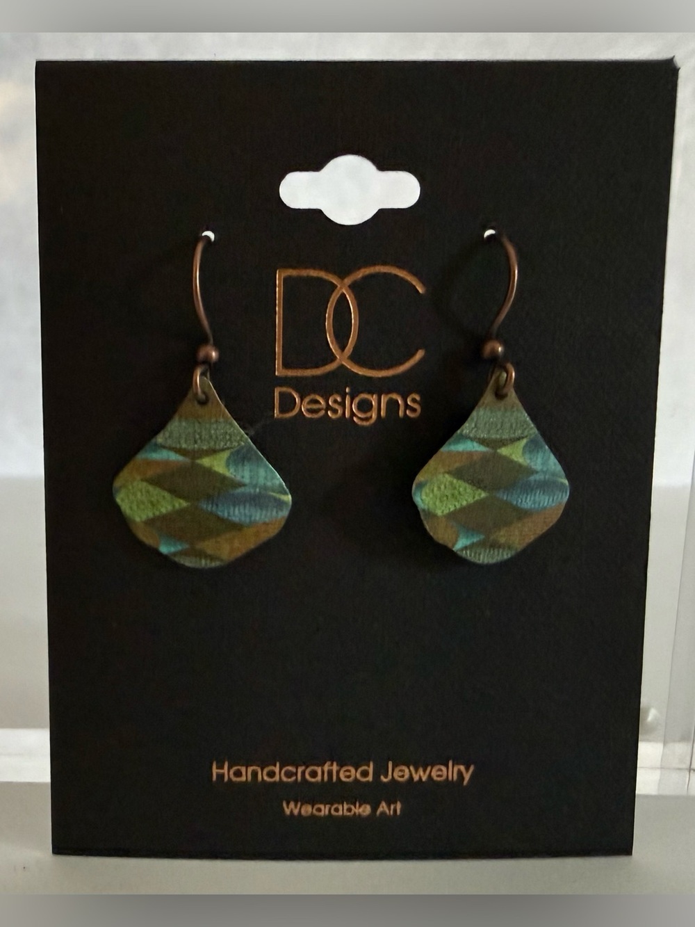 DC Designs Handcrafted Wearable Art Green Blue Dangle Earrings USA